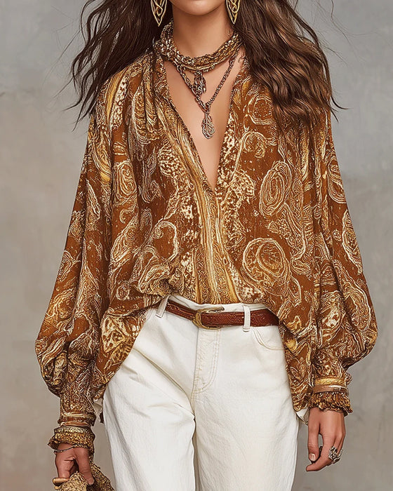 Blouse Col V Imprimé Décontractée