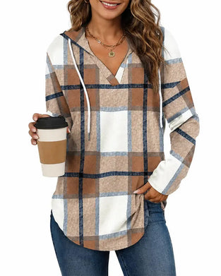 Blouse À Carreaux Capuche Cordon De Serrage