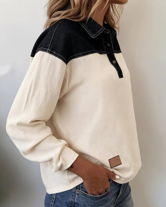 Chemisier décontracté à revers en denim patchwork