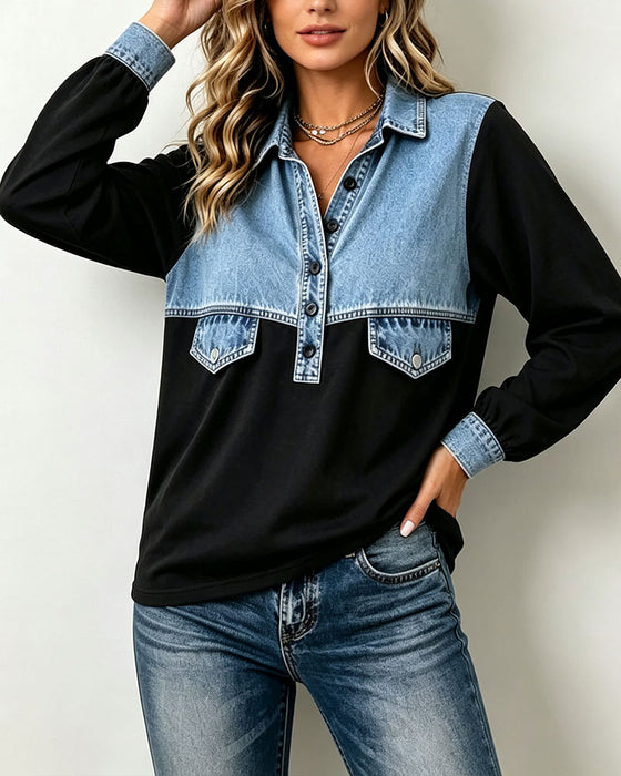 Sweatshirt Col Chemise Poche Patchwork