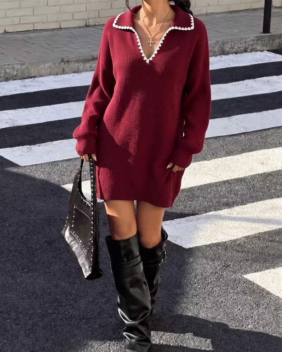 Robe Pull Revers Contraste Manches Lanterne