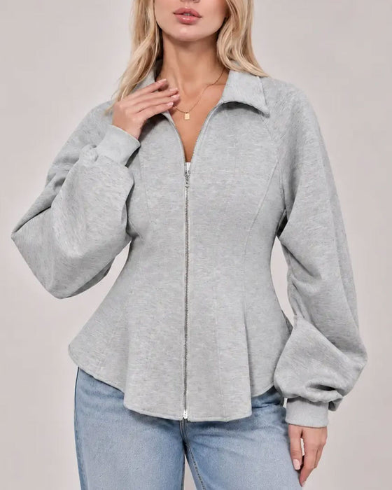 Manteau Revers Fermeture Éclair Taille Plissée