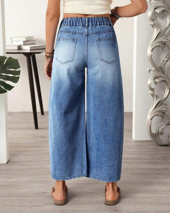 Jean Denim Taille Élastique Large Jambe Cropped