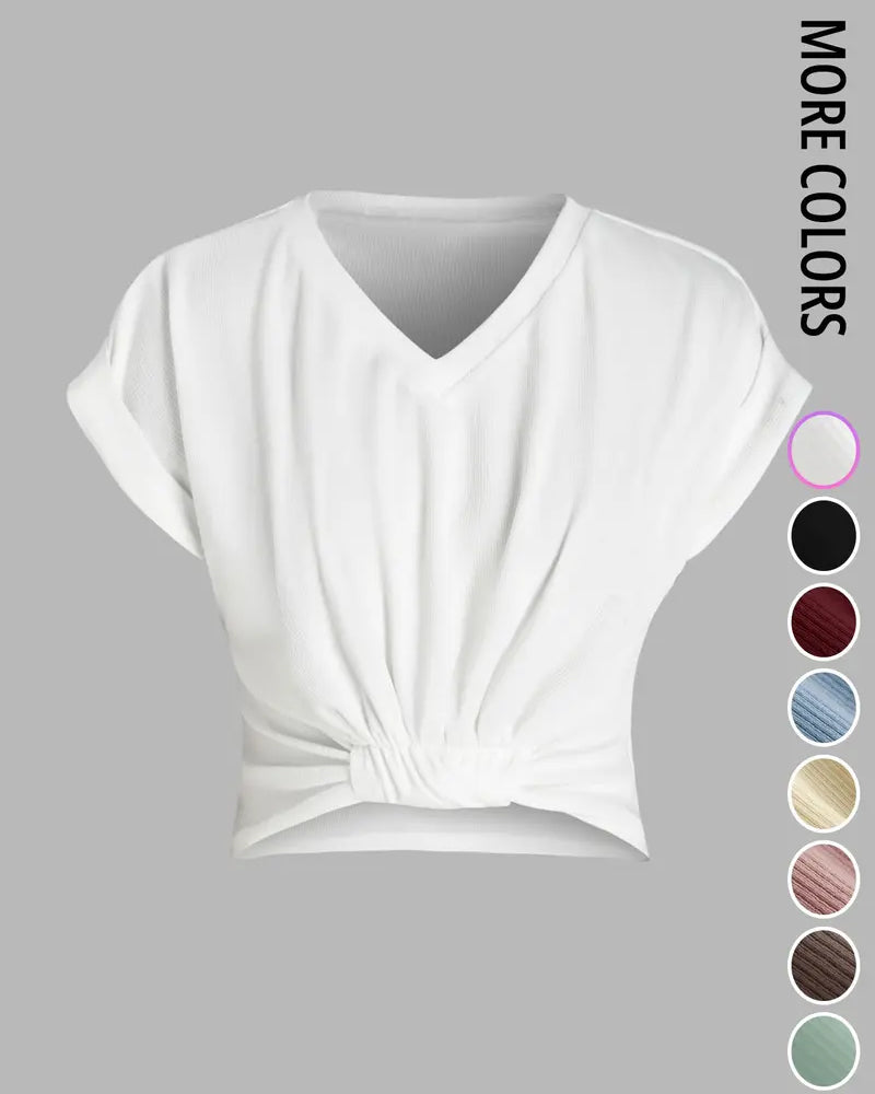 T-Shirt Col En V Détail Nœud Torsadé Manches Courtes