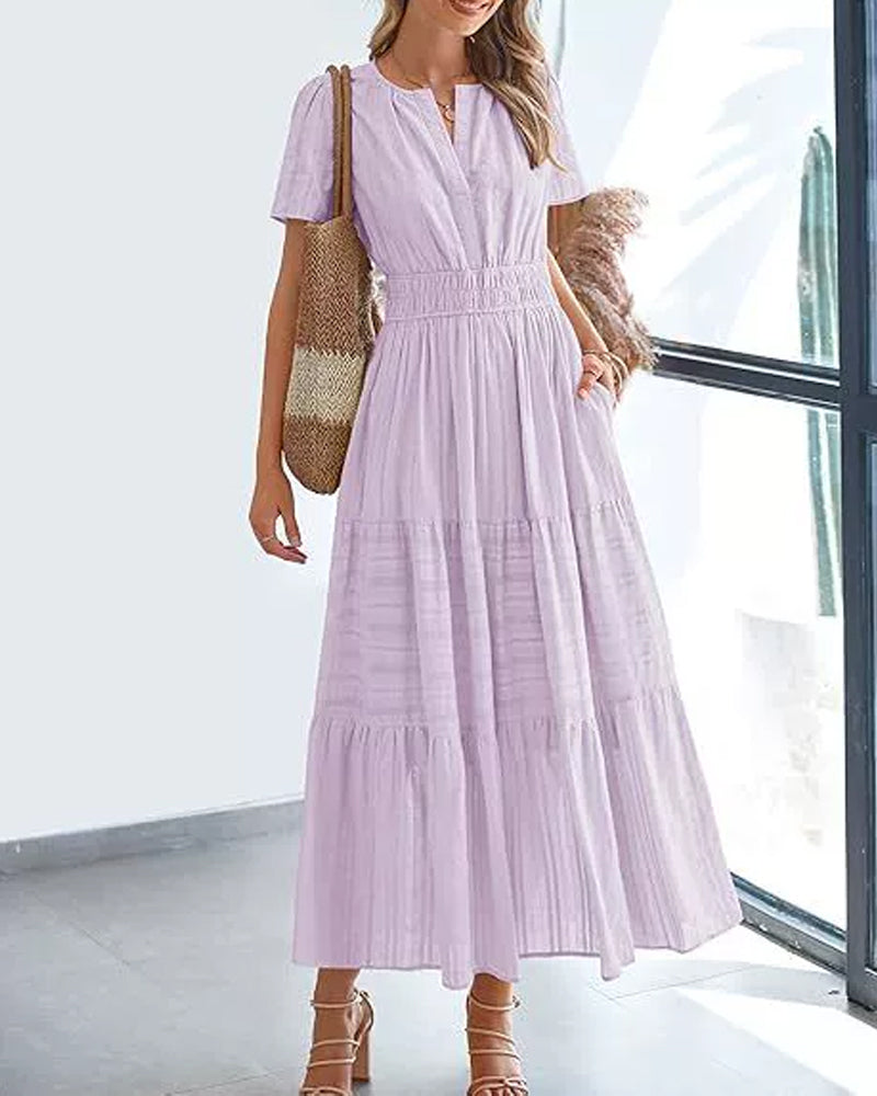Robe Col En V Froncé Manche Bouffante Manches Courtes