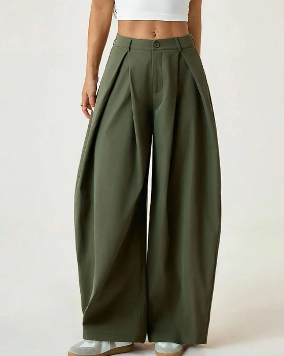 Pantalon Taille Haute Plissé Jambe Large Décontracté