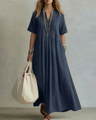 Robe Plissée Col En V Demi-Patte Coupe A Longue