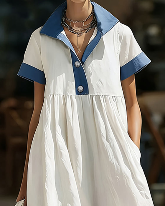 Robe Col Chemise Bloc De Couleur Jupe Ample