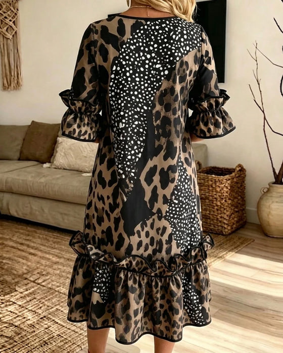 Robe Patchwork Léopard Volant Col Rond