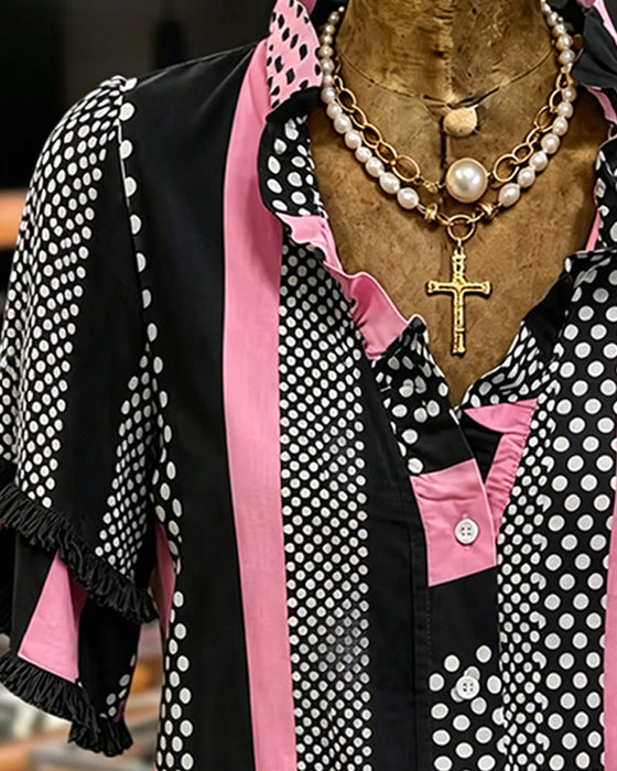 Chemise Pois Contraste Patchwork Volant