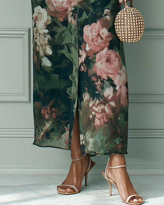 Robe Sans Manches Florale Col Montant Chemise