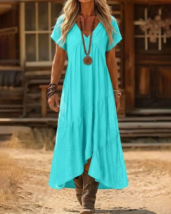 Robe Col V Taille Haute Jupe Ample Unie