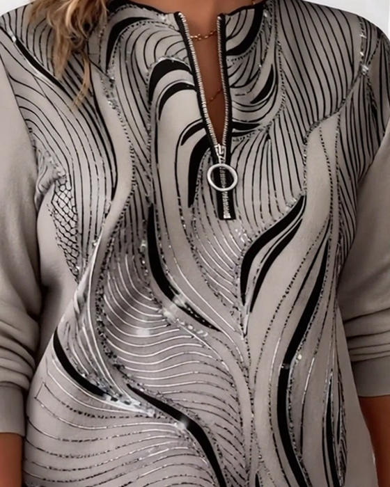 Sweat Décontracté Grande Taille Imprimé À Demi-Fermeture Éclair