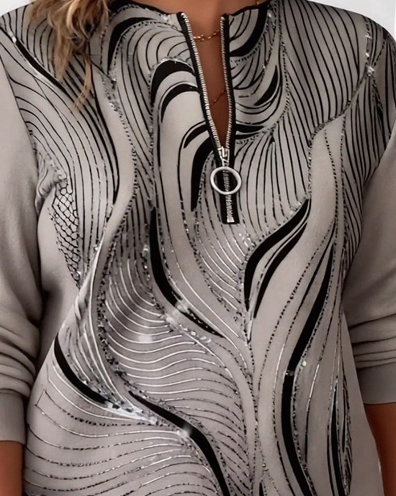 Sweat Décontracté Grande Taille Imprimé À Demi-Fermeture Éclair