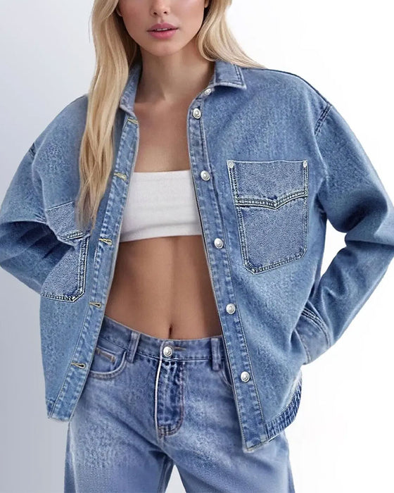 Chemise Revers Bouton Manches Longues Denim