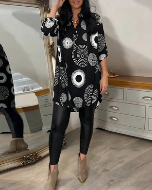 Robe Imprimé Circulaire Géométrique Manches Longues