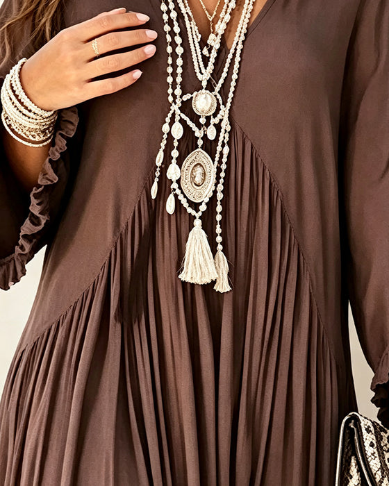 Robe Col V Froncée Volant Jupe Ample