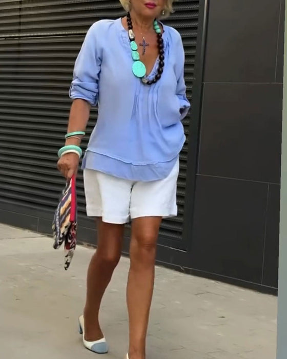 Blouse Col En V Froncée Panneau Décontractée