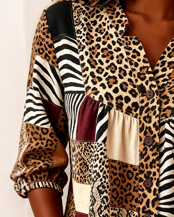 Blouse Léopard Bloc De Couleur Col V