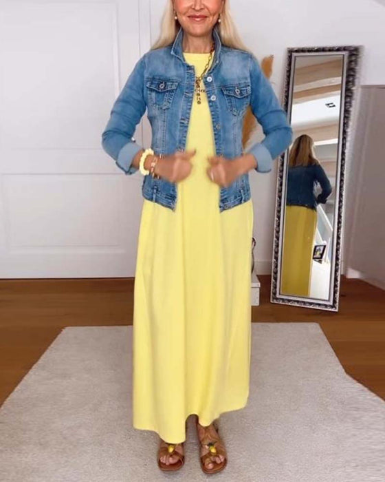 Robe Décontracté Col Rond Uni Droit