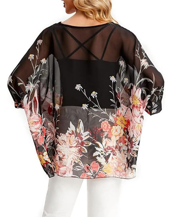 Blouse Manche Trois-Quarts Ample Imprimée Asymétrique