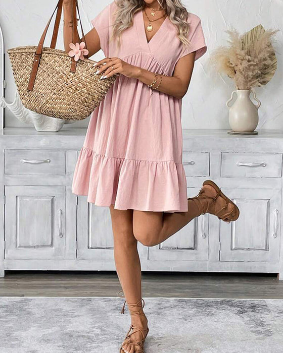 Robe Unie Col-V Volant-Garni