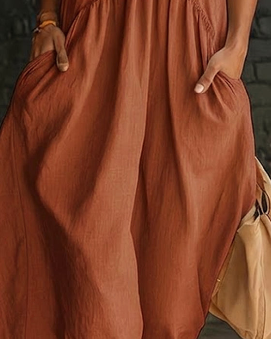 Robe 100% Coton Sans Manches Col Montant Unie Maxi