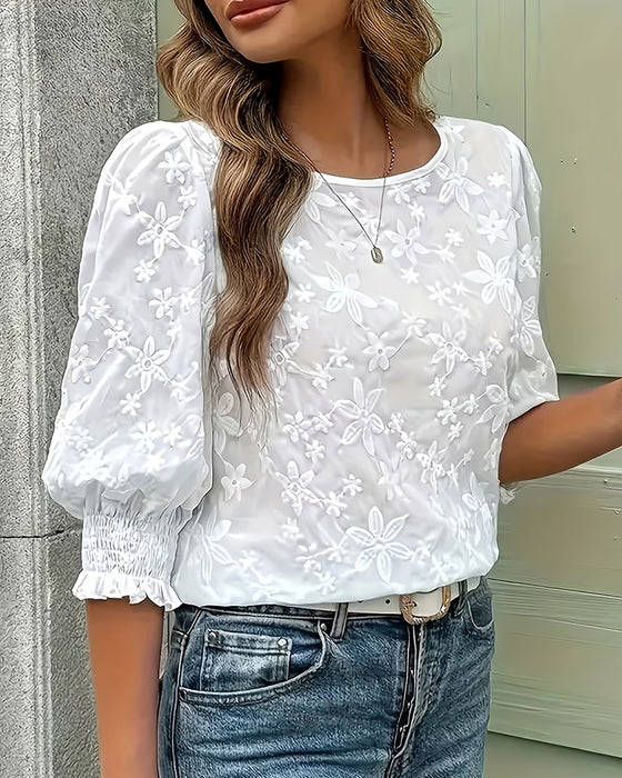Blouse Col Rond Manches Ballon Tridimensionnelle Fleurie