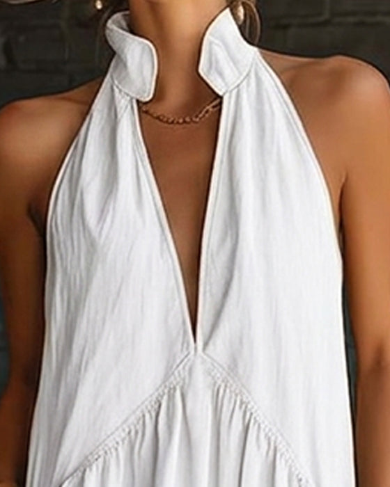 Robe 100% Coton Sans Manches Col Montant Unie Maxi