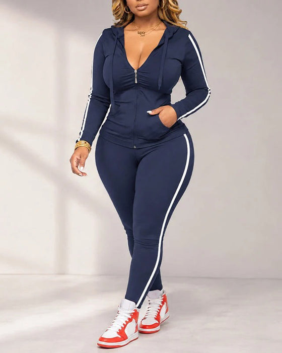 Ensemble Rayé Sur Le Côté À Capuche Manteau Et Pantalon De Jogging