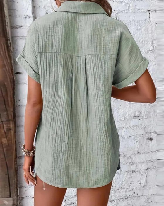 Chemise Texture Plissée Manche Courte Revers