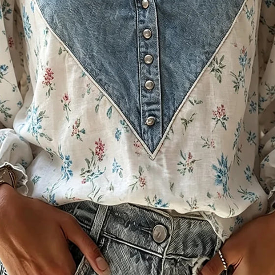 Blouse Col En V Imprimé Fleuri Manches Ballon Denim Panneau