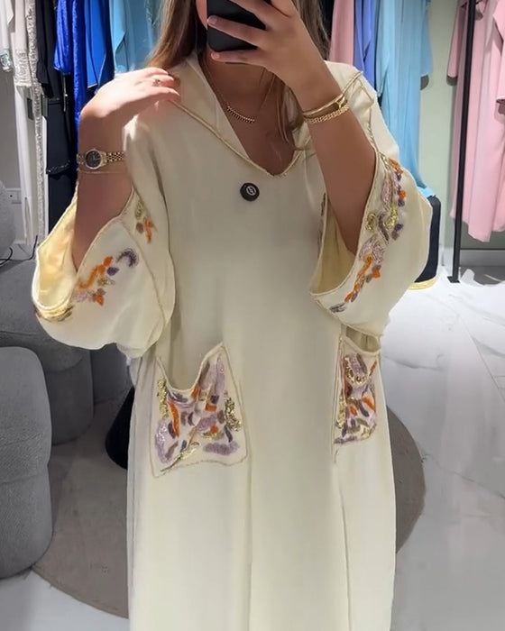 Robe À Capuche Brodée Ample Deux Poches