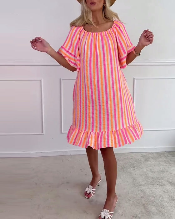 Robe Col Rond Rayée Plissée Coupe Droite