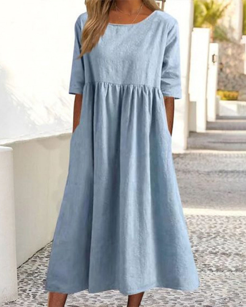 Robe Manches Courtes Poche Froncée