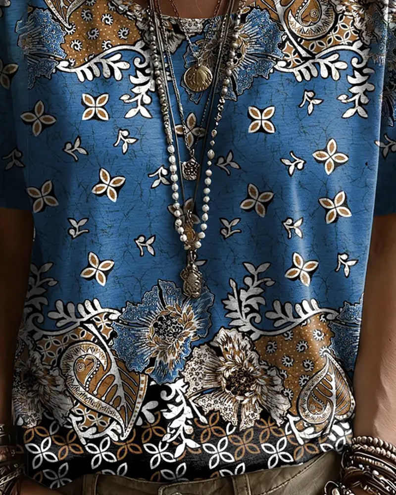 T-Shirt Vintage Floral Colorblock Col Rond