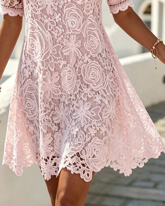 Robe Dentelle Patchwork Évidé Col Carré