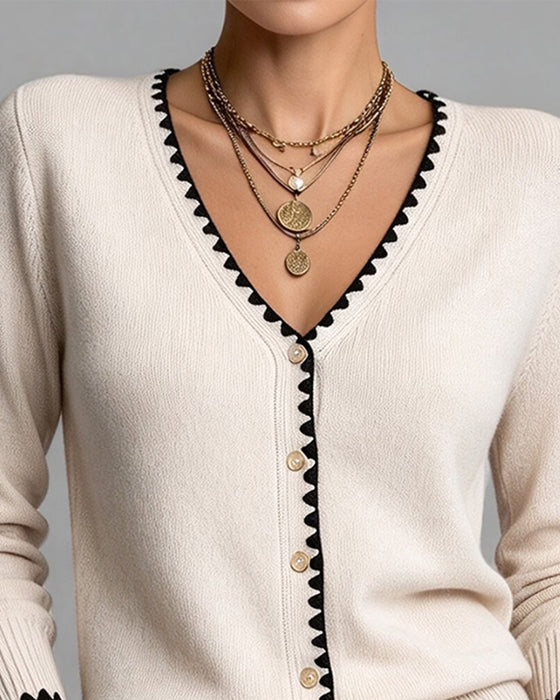Cardigan Col V Boutonné Contraste