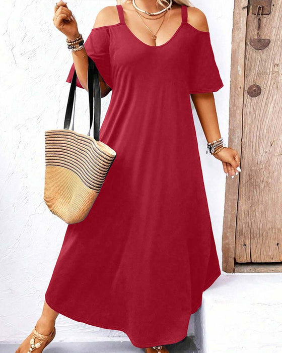 Robe Unie Col En V Épaules Dégagées Longue