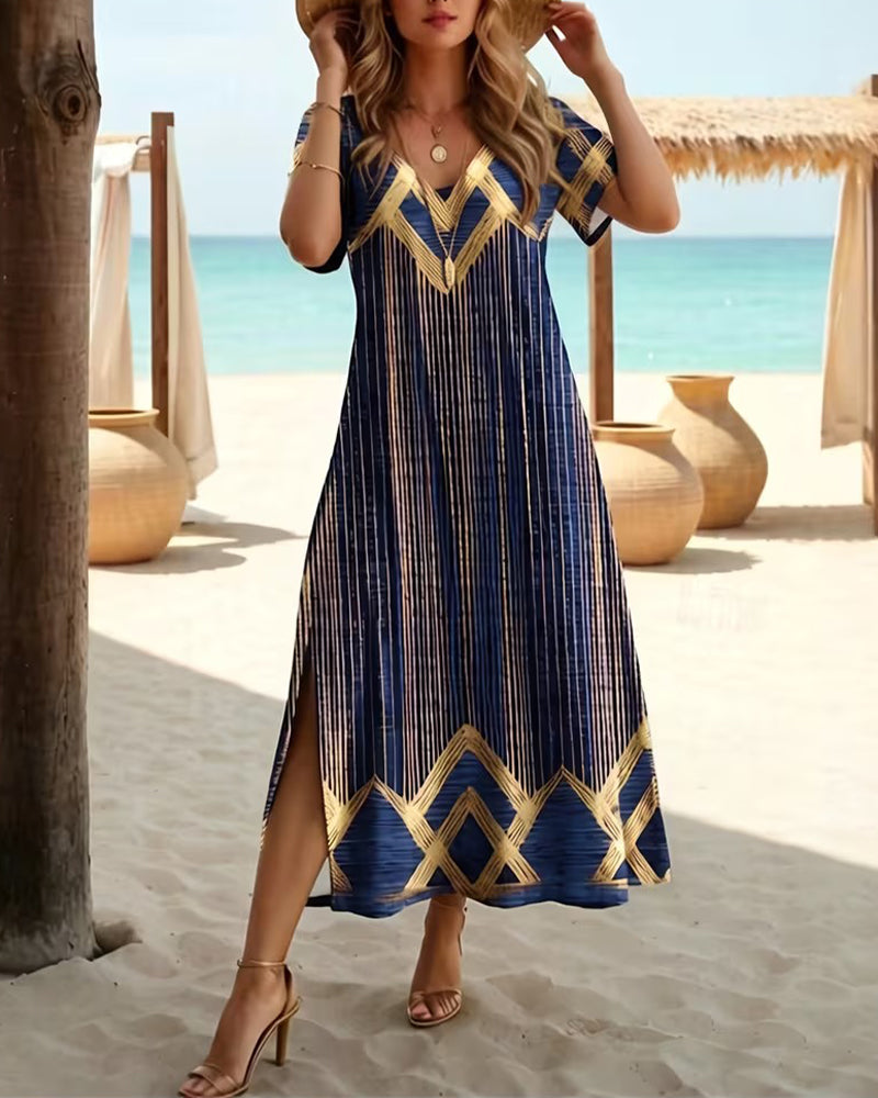 Robe Col V Imprimé Vacances Maxi