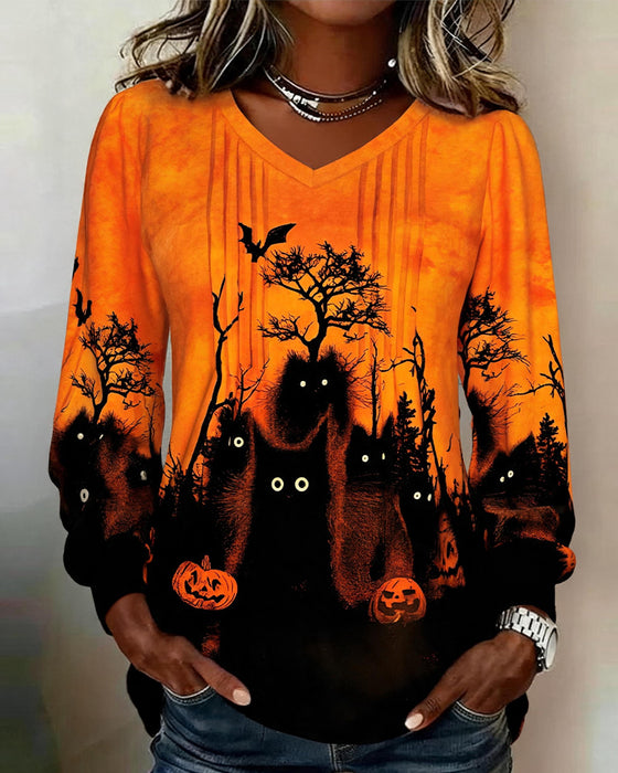 Haut V-Encolure Froncé Halloween Manches Longues