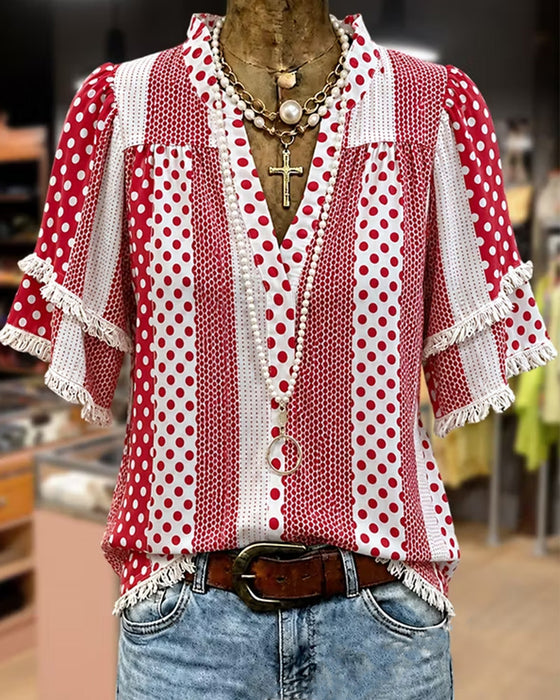 Blouse Col En V À Pois Frange Patchwork