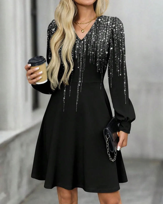 Robe Col V Manche Longue A-Ligne