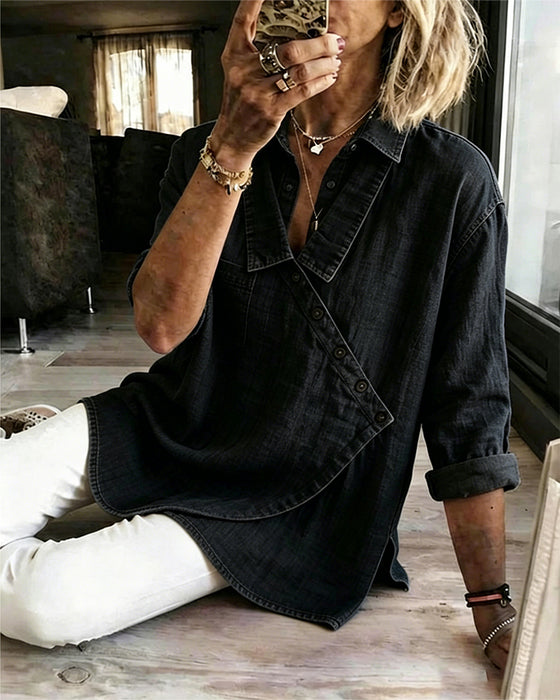 Blouse Unie Bouton Diagonal Col Manches Longues