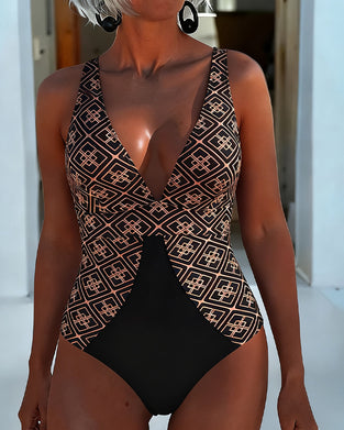 One Piece Motif Géométrique Col Claudine