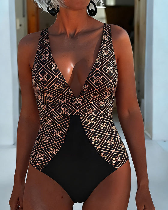 One Piece Motif Géométrique Col Claudine