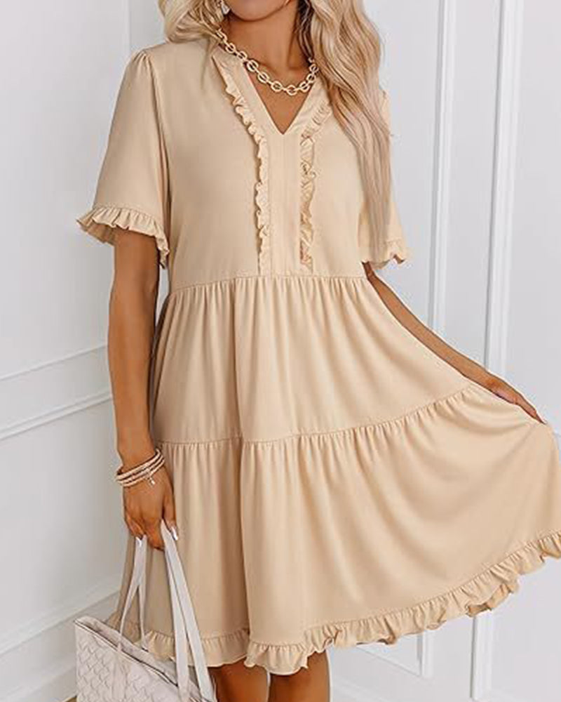 Robe Bordure Volantée Col En V Ourlet Superposé