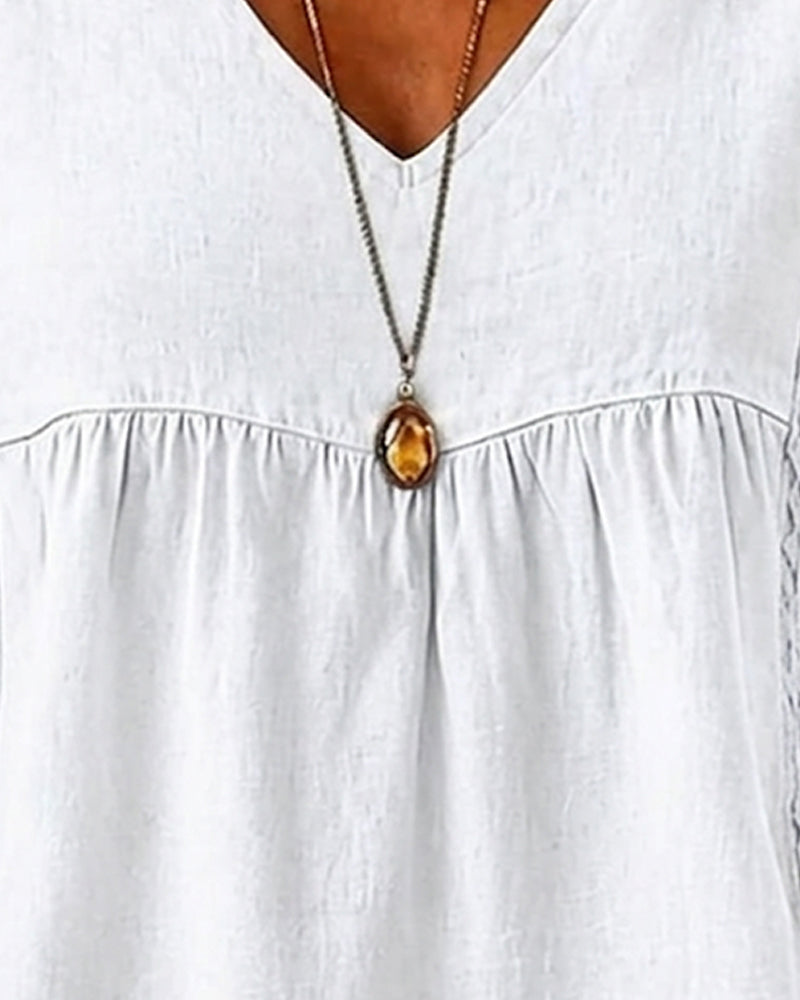 Blouse Col V Froncé Manche Courte
