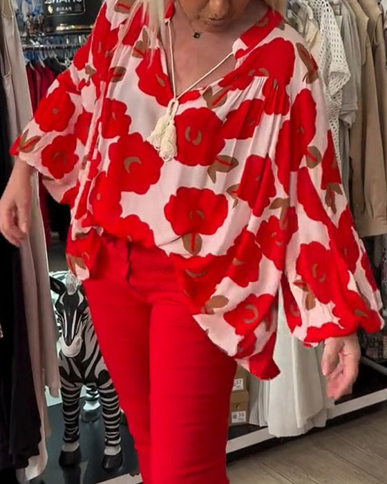 Blouse Grande Florale Attache Col V