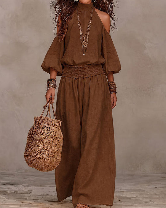 Ensemble Hors-Épaule Manches Longues Froncé Pantalon